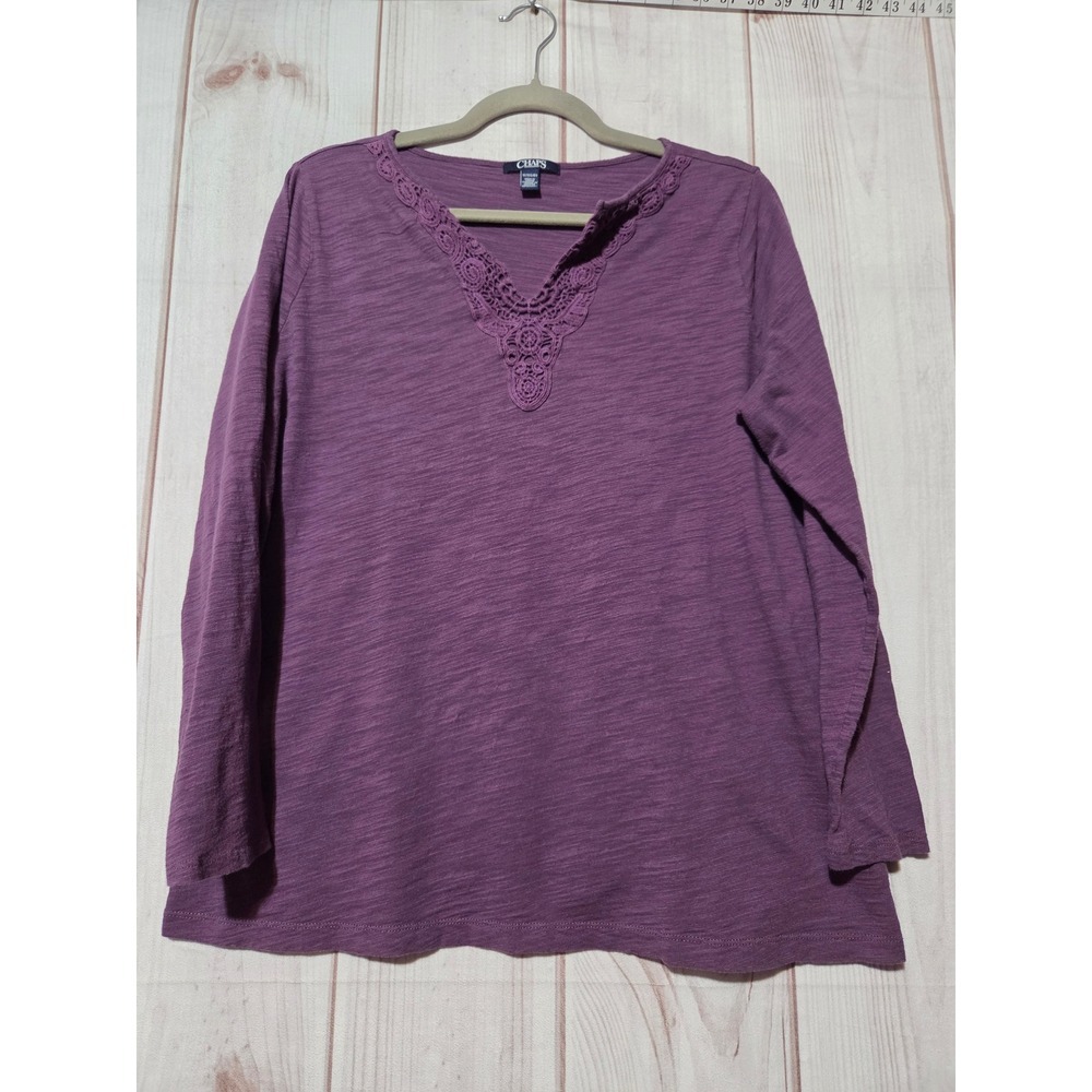 Chaps Women 1X Purple Slub Knit Long Sleeve V-Neck Crochet Lace Trim Top